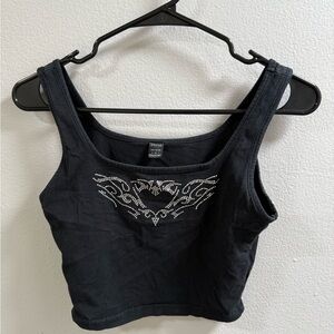 SHEIN Black Crop Tank with Rhinestone Tribal Accent
